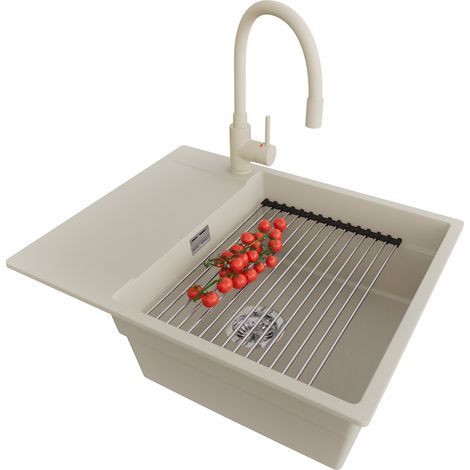 PRIMAGRAN Evier Cuisine en Granit 62x50cm, Lavabo 1 bac + Robinet 38x14cm + Kit de Vidage + Accessoire, Évier à Encastrer au meuble 50cm - San Francisco, Beige (1/5)