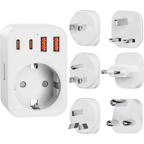Adaptateur De Voyage Universel Avec 2 Usb-C Et 2 Usb-A - 6 Prises Amovibles (Types A/B/C/G/I/M) Pour L'Europe, Le Royaume-Uni, Les (1/5)