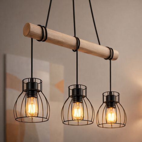Vintage Pendelleuchte Hängelampe Holz Esstischlampe Retro Hängeleuchte mit Holzbalken, Metall schwarz, 3 x E27 Fassung, LxBxH 50x14x140 cm
