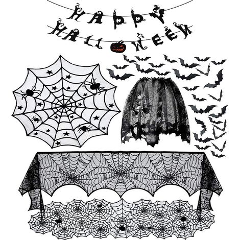 Ensemble de 6 décorations d'Halloween : nappe, chemin de table, nappe ronde en dentelle noire à motif toile d'araignée, châle de cheminée à motif toile d'araignée. (1/5)