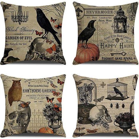 4-Piece Halloween Pillowcase Set, Halloween Skull Garden Decoration, Happy Halloween Cotton Linen Pillowcase, 45x45cm (1/5)