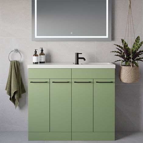 Napoli 250 Olive Green 1000mm 4 Door Vanity Unit with Square Silvo Basin - 1000mm - Matt Black 160mm Handle