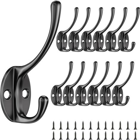 CCYKXAA (Noir)12 pièces Crochet Mural, Crochet Porte Manteau avec Vis, Vintage en Métal Double Patères Porte Manteaux,Léger et Pratique Coat Hooks, pour Chambre, Armoire, Salle de Bain