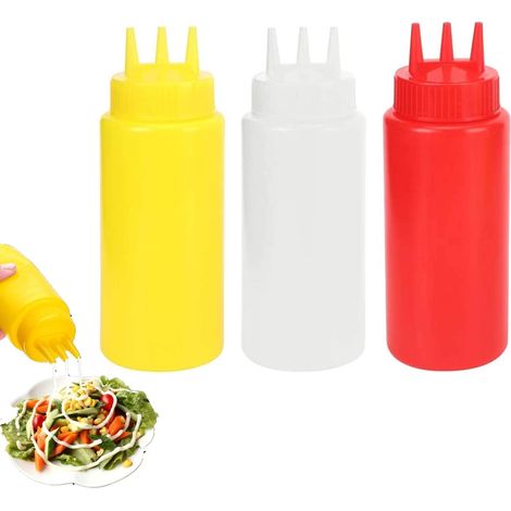 Lot de 3 flacons doseurs en plastique avec embout rotatif 3 trous, pour ketchup, sauce et huile, cuisine et barbecue (1/5)