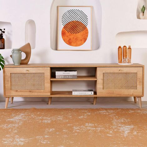 Meuble TV cannage 2 espaces rangement 2 niches MARFA