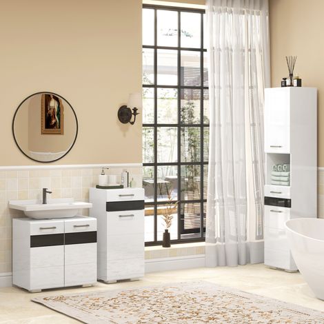 Colonne de salle de bain en MDF avec étagère ouverte, tiroir et placard fermé, 37 x 32,5 x 170 cm, blanche (1/5)