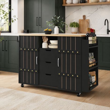 Îlot de cuisine 110/42/90 cm noir avec plateau relevable, 3 tiroirs et portes coulissantes (1/5)