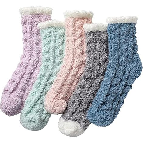 Lot de 5 paires de chaussettes chaudes et moelleuses pour femmes et filles, chaussons épais pour la nuit, chaussettes d'intérieur douces et moelleuses pour l'hiver, chaussettes thermiques moelleuses (1/5)