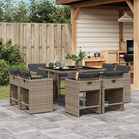 9-tlg. Garten-Essgruppe mit Kissen Grau Poly Rattan