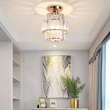 Mini lustre en cristal lustre encastré plafonnier double couche de cristal moderne lustre luminaire Chambre couloir Bar cuisine salle de bain or (1/4)