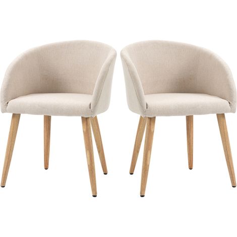 Lot de 2 chaises de salle à manger chaise de cuisine Design scandinave - Pieds inclinés effilés Bois Caoutchouc - Assise Dossier accoudoirs ergonomiques Aspect Lin Beige