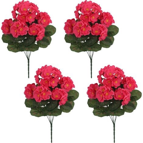 Lot de 4 géraniums artificiels en soie pour l'extérieur, résistants aux UV, géraniums artificiels, fleurs en soie pour décoration florale d'intérieur, jardin, terrasse (rouge clair) (1/5)