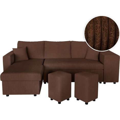 Canapé d'angle réversible convertible OSLO avec coffre, 2 poufs à droite en velours côtelé marron (1/5)