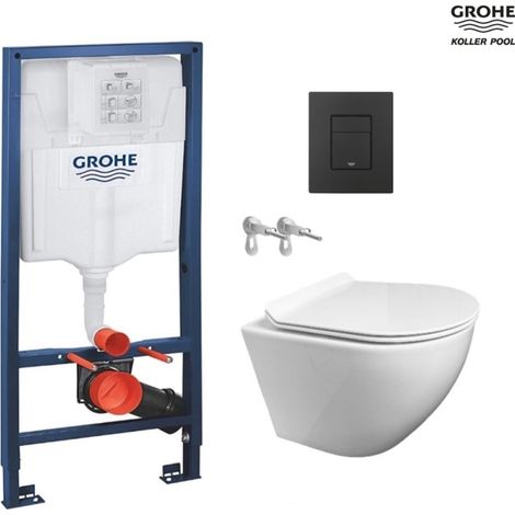 Bastidor GROHE pack cisterna empotrada y pulsador negro mate con inodoro suspendido ROUND blanco 49 Tapa Fina