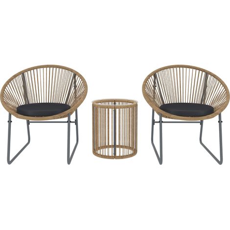 Ensemble de jardin 3 pièces en rotin et acier comprenant 2 chaises avec coussins et une table basse cylindrique, multicolore (1/5)