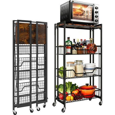 Carro de almacenamiento, material de acero, 20,47"L x 12,01"W x 39,37"H, 4 niveles, giratorio 360°, versátil para cocina y garaje. (1/5)