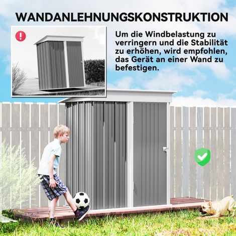 Abri de jardin en tôle ondulée grise, rangement extérieur en acier, porte verrouillable, étagères réglables, design mural, cabane compacte. (1/5)