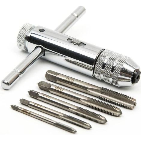 Tarauds à main-Tarauds Métrique-Tarauds et filières-M3 M4 M5 M6 M8 Tarauds-Tarauds à fileter-avec Porte taraud réversible à cliquet (1/5)