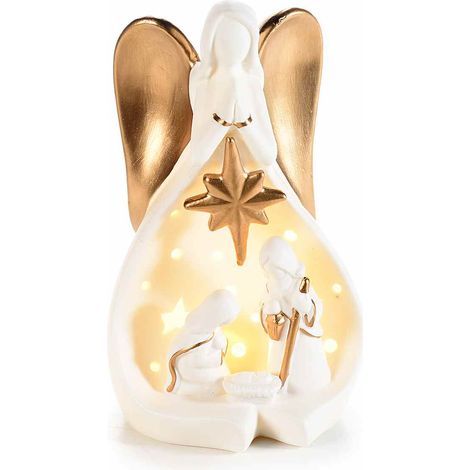 Presepe Sacra Famiglia con dettagli color oro e luci led in ceramica bianca, cm 10,5 x 9 x 18 H