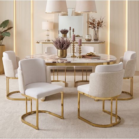 Set de 4 sillas de comedor de chenilla beige y dorado OKMYHOME (1/5)