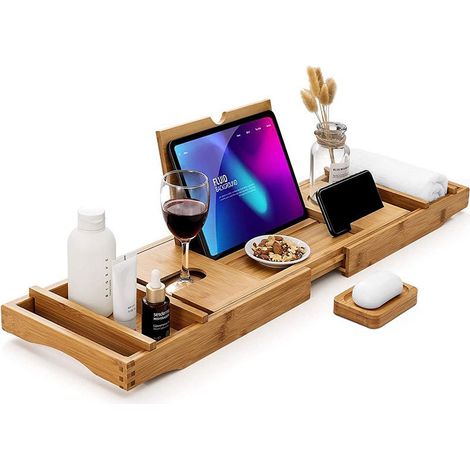 Support de baignoire en bambou, rétractable nan en bambou, antidérapant, support de baignoire, étagère de lecture, support de baignoire, plateau de baignoire