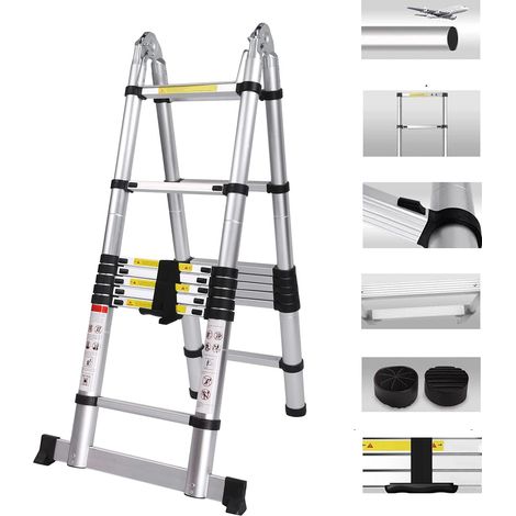 Échelle TéLescopique Marchepieds Escamotables avec Stabilisateur Ladder Pliable et Déployable Charge Maximale : 150KG - 3,2 (1,6M + 1,6M)