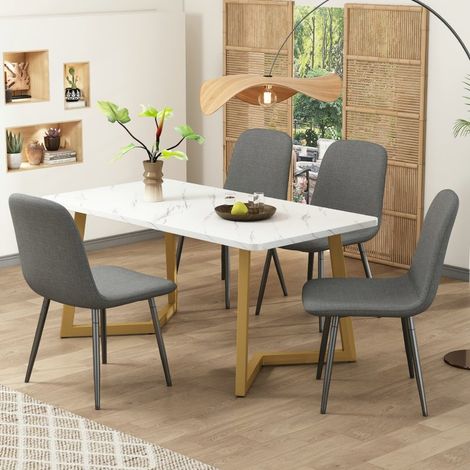Ensemble Salle à Manger 5 Pièces - Table et 4 Chaises Lin Gris, Pieds Métal Dorés