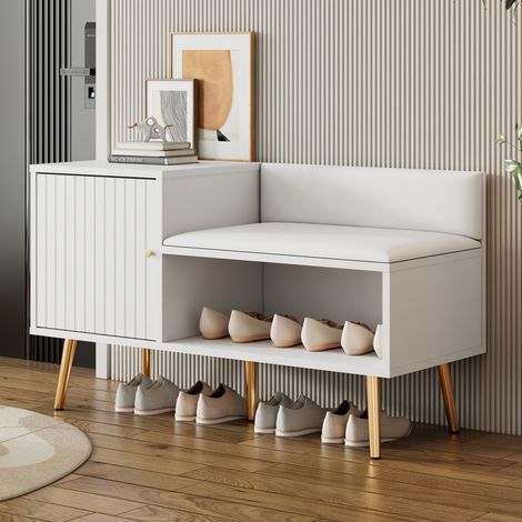Banco zapatero 100/38/58 cm blanco y dorado con asiento acolchado y almacenaje (1/5)