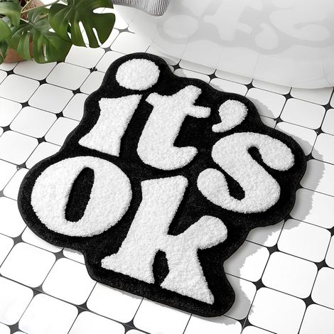 Funny It's OK Petit tapis de bain antidérapant en microfibre lavable et absorbant pour salle de bain Noir et blanc 63,5 x 61 cm (1/5)
