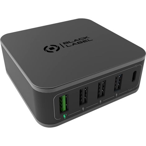 Celly BLPOWERS60W 5-Port-Schreibtischladegerät 60 W mit USB-C PD und Quick Charge 3.0 Schwarz