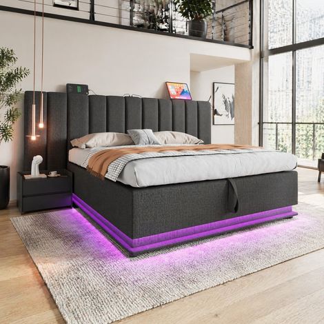 Polsterbett 180×200, Doppelbett Stauraumbett mit App Control LED und USB-C Ladefunktion, Bettgestell mit Lattenrost, Leinen, Grau, Ohne Matratze und Nachttisch (1/5)