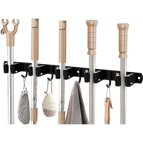 Stainless steel wall-mounted broom holder with 5 brackets and 4 hooks - wall-mounted tool holder for garden, balcony, bathroom, yard, kitchen