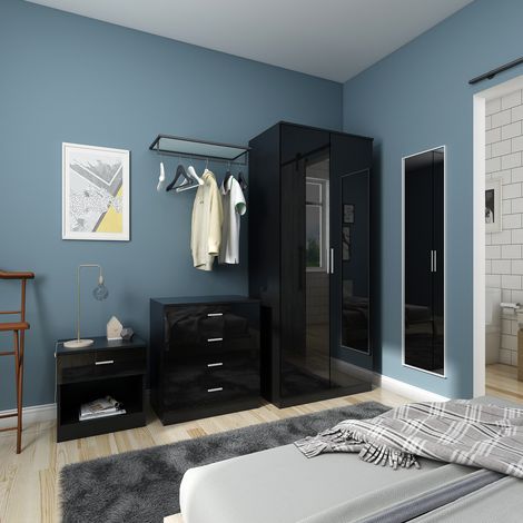 ELEGANT Wardrobe Set High Gloss 3 Piece Bedroom Storage Furniture Include 2 Soft Close Doors Wardrobe and 4 Drawer Chest and Bedside Cabinet, Black