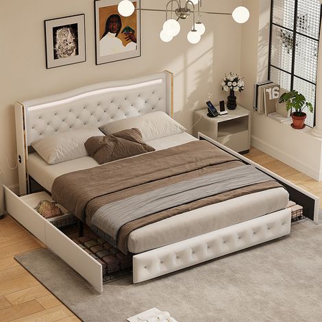 Lit adulte avec 4 tiroirs 140x200cm, lit double avec fonction de chargement USB, lit capitonné avec LED, tête de lit en PU souple, lit plate-forme avec sommier à lattes en bois, blanc (1/5)