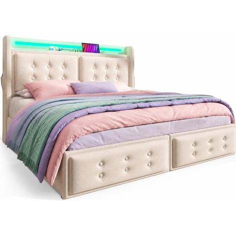 Lit coffre 180x200 avec tête de lit LED, ports USB-C et USB, 4 tiroirs de rangement, revêtement tissu, beige – CHICFURN (1/5)