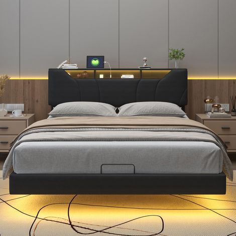 Letto contenitore 140x200 cm - Letto sospeso per adulti con illuminazione LED e presa integrata - PU, Nero