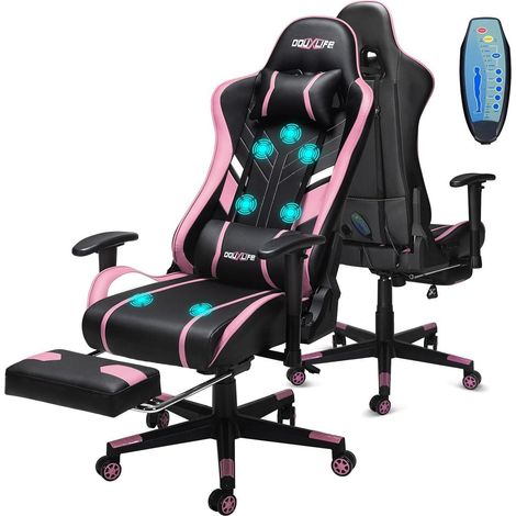 Gaming Stuhl ergonomisch Massage Fußstütze 180kg Schwarz Rosa (1/5)