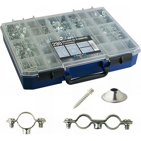 Scell-It – Coffret de 290 colliers sanitaires simples et doubles en acier zingué blanc – Ø12 à Ø40 – 50 rosaces et 50 pattes à vis (1/9)