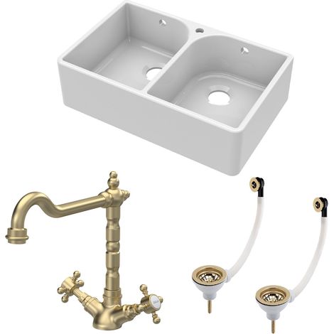 Fireclay Kitchen Bundle - 2 Bowl Full Weir 1 Tap Hole Butler Sink w/ Wastes & Classic Tap, 795mm - Brushed Brass