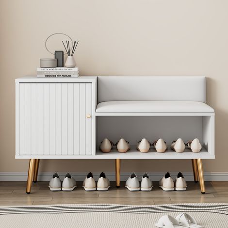 Banco de zapatos moderno y lujoso, estantería para zapatos, mueble de almacenamiento, con espacio de almacenamiento, asiento acolchado y respaldo, para entrada, 100 × 34 × 69 cm, blanco (1/5)