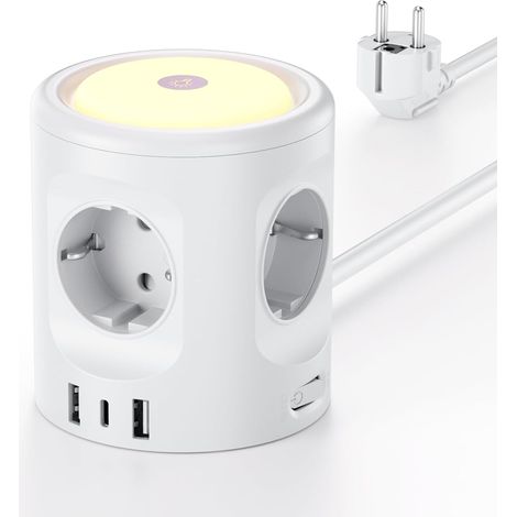 Multiprise avec lumière 4 Prises + 3 USB, Protection S.O., Cube 3 Modes écl., 2 m, rallonge Maison-Bureau, 16 A (1/5)