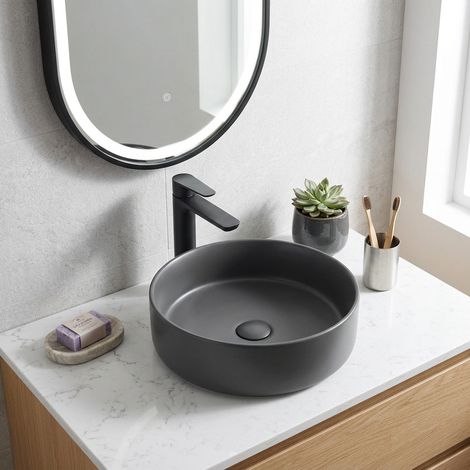 Swiss Aqua Technologies Mood 36x36 cm lavabo rotondo freestanding senza foro per rubinetto o troppopieno, grigio scuro (SATM3636DGRM) (1/5)