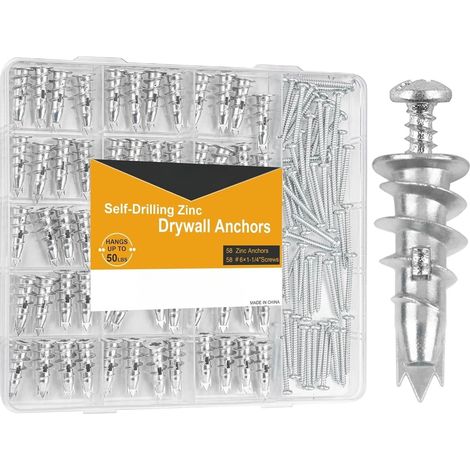 Ancres à mur sec auto-forage en métal, 116PCs Ancres à mur résistant à l'éclatement et kit de vis, 58 ancres à lames lourdes 6 x 1-1/4 '' vis, ancres à mur sec creux en zinc 50LB suspendue (1/5)