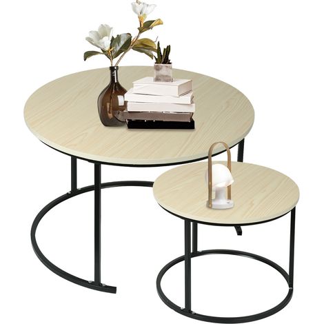 Haloyo® Ensemble de 2 tables basses rondes gigognes, style industriel, motif marbre, blanc et noir (1/5)