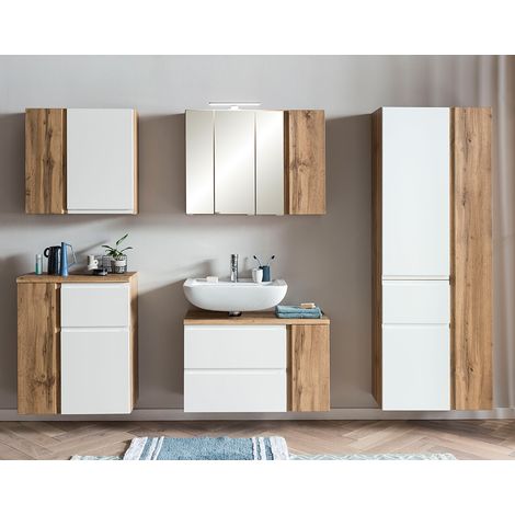 Badezimmermöbel Set, stehend oder hängend, in Wotan Eiche Nb. mit weiß matt, VASTO-03-WHITE, B/H/T ca. 245/200/35 cm (1/5)