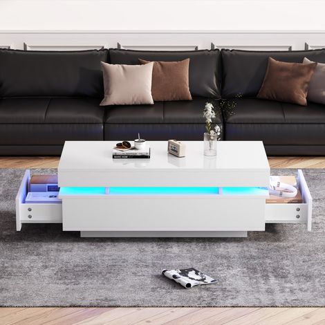 Table basse blanche laquée brillante avec éclairage LED et 2 tiroirs, table console multifonction 100x50x35 cm pour salon (1/5)