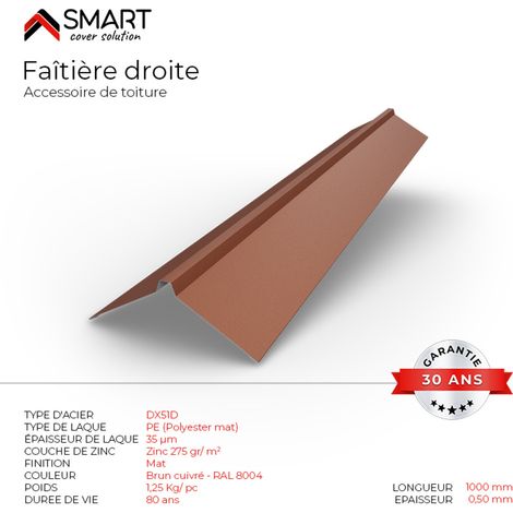 Bravo The Smart Solution – Faîtière droite en bac acier – Tôle de couverture – Coloris brun cuivre RAL 8004 mat – Longueur 1m, épaisseur 0.50mm (1/2)
