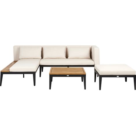 Conjunto de jardín 3 plazas de madera de acacia certificada sofá esquinero con mesa de centro y otomana cojines beige claro derecho Bracciano