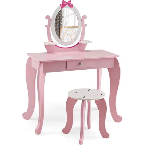COSTWAY Schminktisch mit Hocker und ovalem drehbarem Spiegel, für Kinder, 2-in-1 Kinder Schreibtisch aus Holz, Schublade, Frisiertisch & Stuhl für Maedchen von 3–7 Jahren
