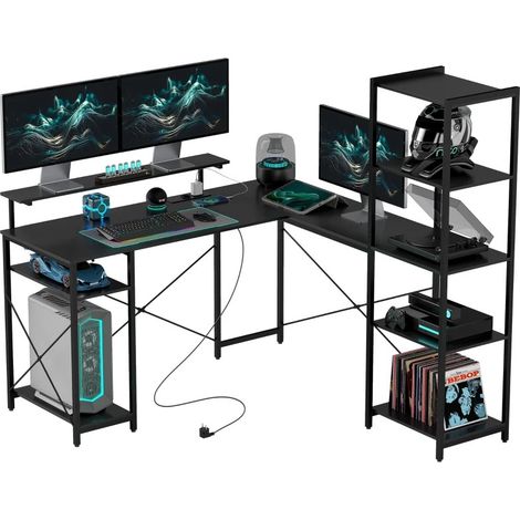 L-förmiger Schreibtisch 137 x 140 x 139,5 cm, Eckschreibtisch mit 6 Ablagen, Monitorständer, USB-Anschluss und Steckdose, ideal für Homeoffice oder Büro, Schwarz